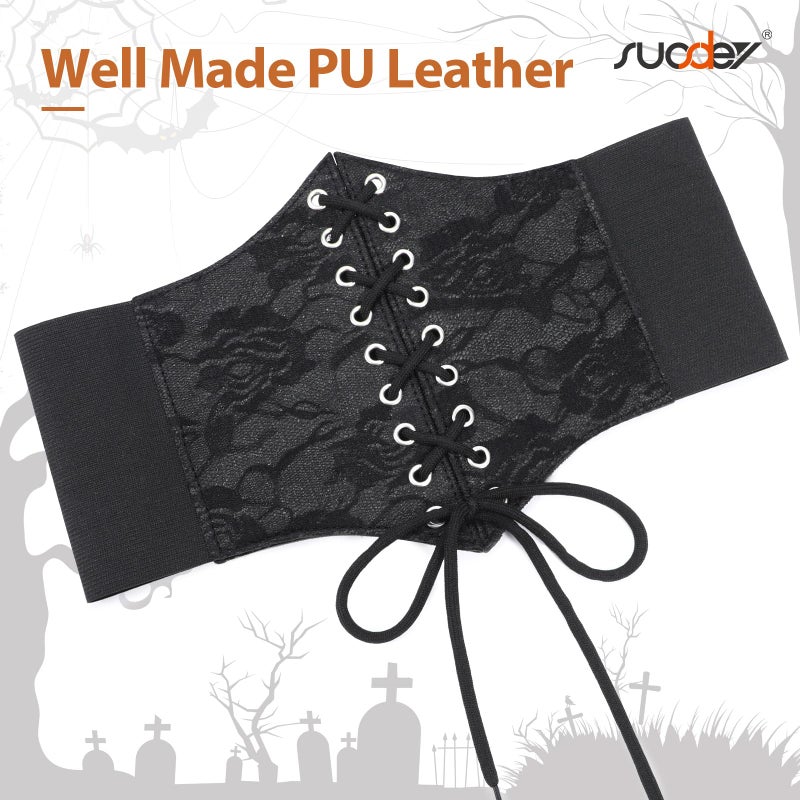 SUOSDEY Black Lace Corset Belt for Women, Vintage Lace-up Elastic Waist, Tied Waspie Wide for Halloween Costume - Image 3