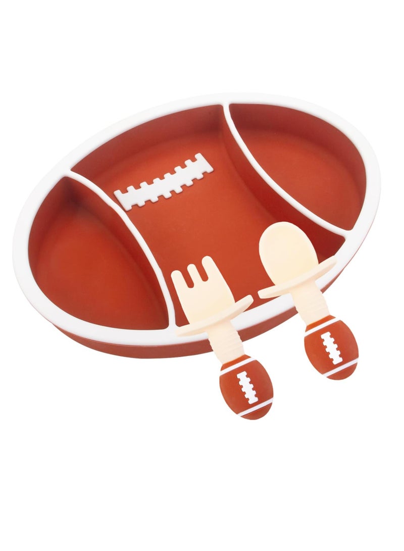 آي ميس يو طبق شفط للأطفال، طبق من السيليكون للأطفال الصغار، طبق فطام الطفل، طبق مقسم بالشفط القوي مع ملعقة شوكة (رجبي بني) - Image 1