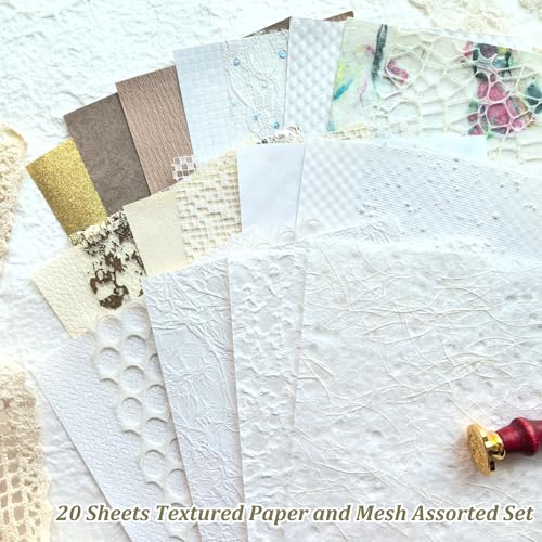 Flartmo 20 Unique A5 Textured Scrapbook Paper Mesh Fabric Set Handmade Craft Paper for Scrapbooking Junk Journal Supplies Card Making Decoupage Collage Gift Embellishments White - Image 3