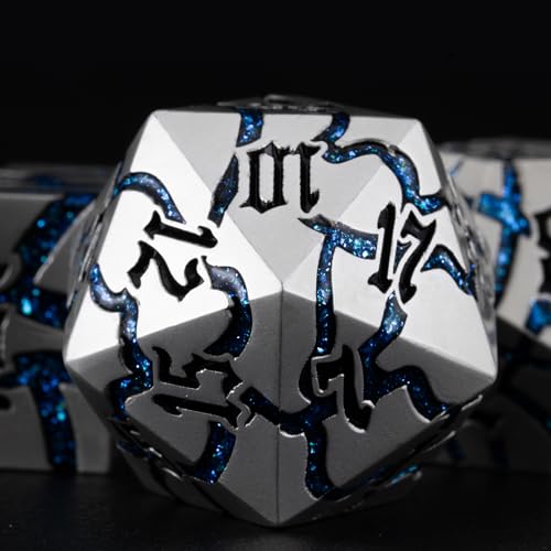 Maywin Cracked Rune Metal Dice Set for DND RPG Dark Fantasy Fractured Design Premium Heavy Metal Polyhedral Dice with Deep Engraved Numbers 7Piece Set Blue Arcane Vein - Image 5