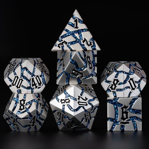 Maywin Cracked Rune Metal Dice Set for DND RPG Dark Fantasy Fractured Design Premium Heavy Metal Polyhedral Dice with Deep Engraved Numbers 7Piece Set Blue Arcane Vein - Image 1