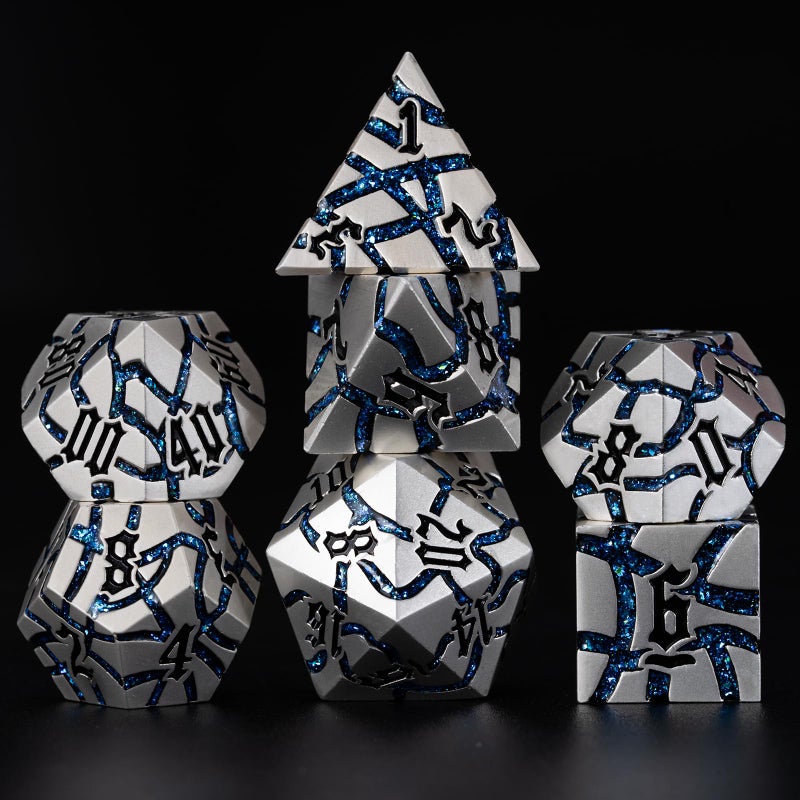 Maywin Cracked Rune Metal Dice Set for DND RPG Dark Fantasy Fractured Design Premium Heavy Metal Polyhedral Dice with Deep Engraved Numbers 7Piece Set Blue Arcane Vein - Image 3