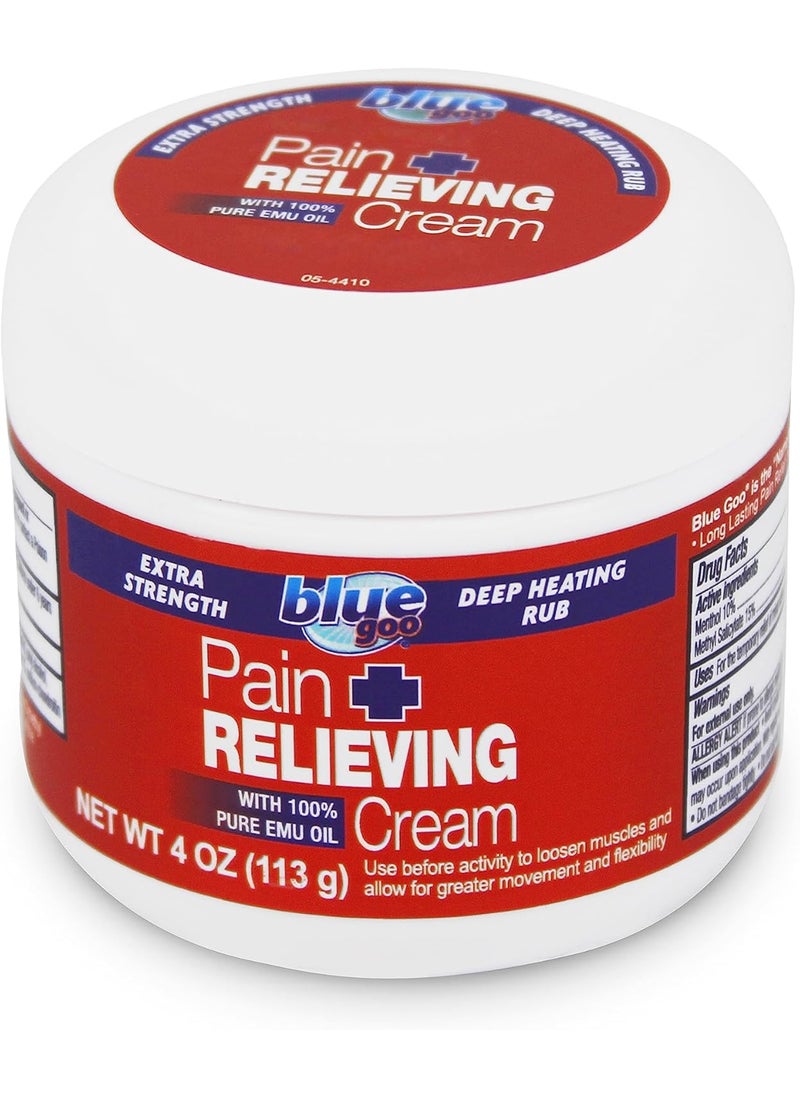 Blue Goo Blue Goo Relieving Cream - Temporary Relief for Back/Neck Pain, Sports-Related Muscle/Joint Pain, Sprains, Strains, Maximum Strength, Deep Heating Rub, Made w/ 100% Pure Emu Oil 4 oz (1 Pack) 