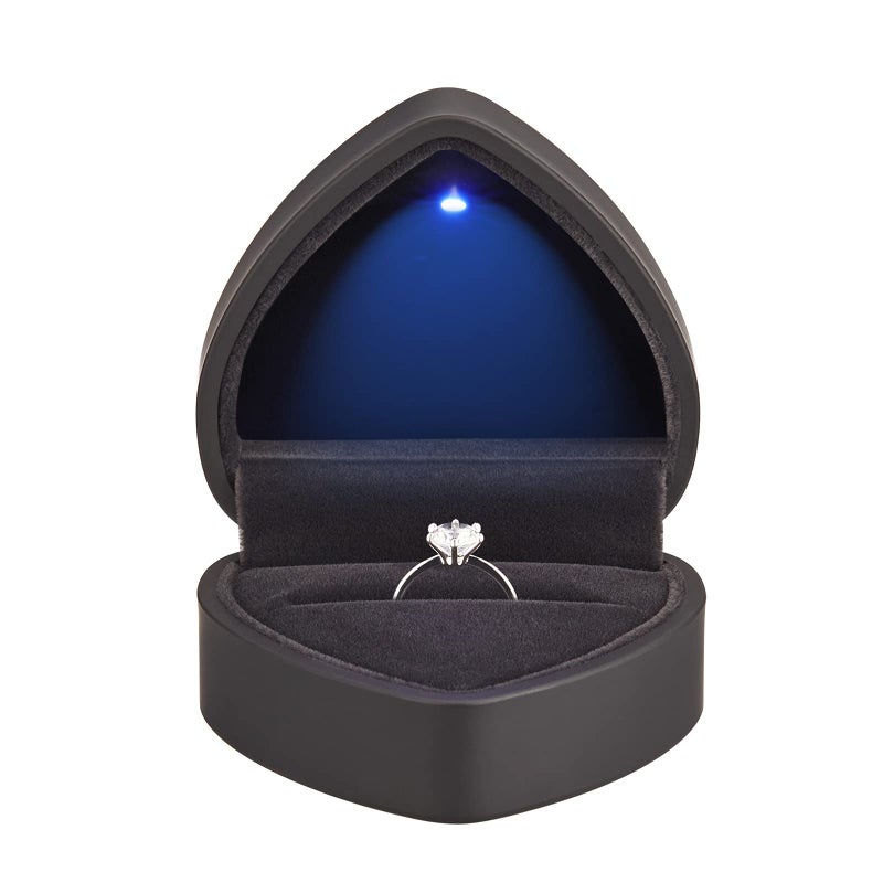 LETURE Heart Shaped Ring Gift Box with LED Light Velvet Earrings Jewelry Case with Light Jewellry Display Box for Wedding Engagement Proposal Birthday and Anniversary Black