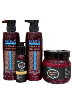 Mira Shampoo 500 ml Conditioner 500 ml Mask 500 ml And Serum 100 ml With Argan Oil And Protein To Maintain Hair Treated With Protein Or Creatine 