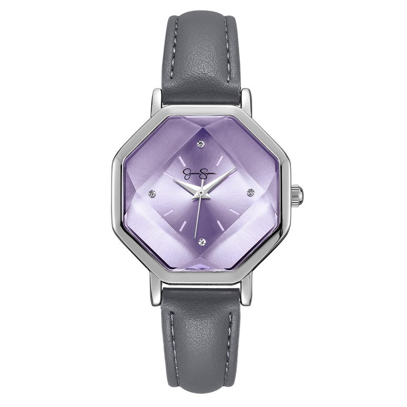 Jessica Simpson Womens Leather Band Watch Octagon Faceted Crystal Dial Classic Quartz Movement Stylish Dress Watch for Women Silver - Image 2