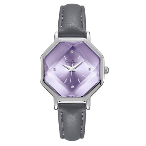 Jessica Simpson Womens Leather Band Watch Octagon Faceted Crystal Dial Classic Quartz Movement Stylish Dress Watch for Women Silver - Image 1