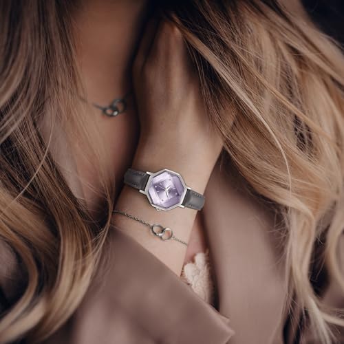 Jessica Simpson Womens Leather Band Watch Octagon Faceted Crystal Dial Classic Quartz Movement Stylish Dress Watch for Women Silver - Image 3