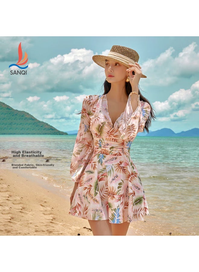 Sanqi One-piece Swimsuit For Women, Long-sleeve High-waist Dress Style, Tummy Control Slimming Vacation Hot Spring Swimwear 24030 Floral Pattern L - Image 4