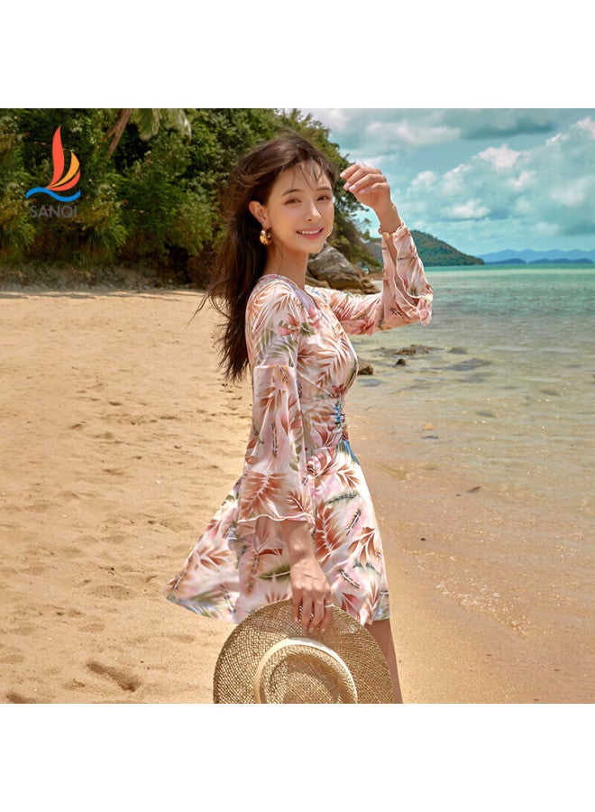 Sanqi One-piece Swimsuit For Women, Long-sleeve High-waist Dress Style, Tummy Control Slimming Vacation Hot Spring Swimwear 24030 Floral Pattern L - Image 2