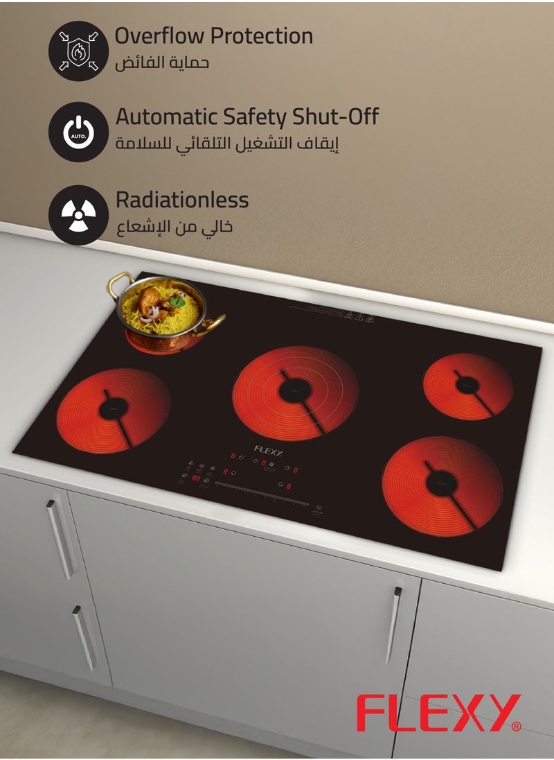 Flexy - FLEXY 5 Burners Infrared Ceramic Hob – 2000W Each, Overheating & Overflow Protection, Radiation-Free, Auto Shut-Off, Easy-Clean Glass, Universal Pot Compatibility, 2-Year Warranty. - Image 1