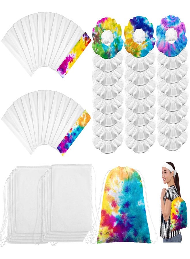 Abbylike 72 Pcs Tie Dye Party Supplies, 24 Cotton Drawstring Bags Tie Dye Drawstring Backpack 14 x 16 Inch Drawstring Tote Bags 24 White Cotton Scrunchies 24 Elastic Hair White Headband for Women DIY - Image 1