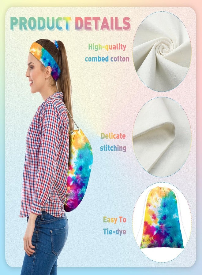 Abbylike 72 Pcs Tie Dye Party Supplies, 24 Cotton Drawstring Bags Tie Dye Drawstring Backpack 14 x 16 Inch Drawstring Tote Bags 24 White Cotton Scrunchies 24 Elastic Hair White Headband for Women DIY - Image 3
