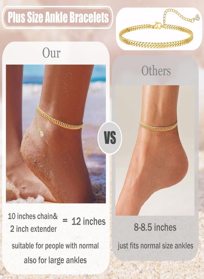 PLOMFOV Plus Size Gold Ankle Bracelets for Women Big Ankles, 10"+2" Adjustable Ankle 14K Real Gold Plated Cuban Link Chain Figaro Herringbone Rope Extra Large Anklet Bracelets,Summer Beach Foot Jewelry - Image 2