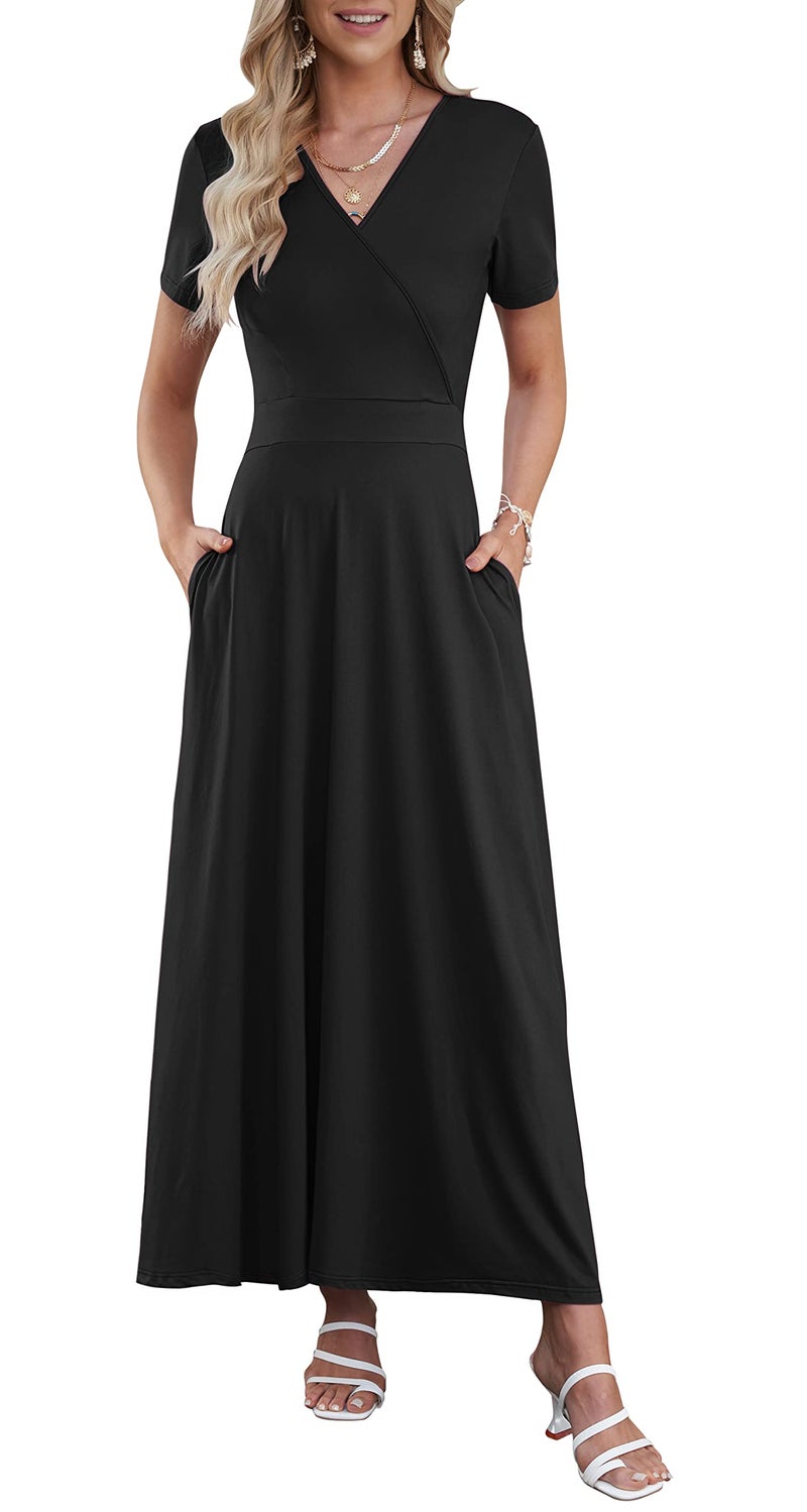 AUSELILY Maxi Dresses for Women Ankle Length Floral Print Beach Long Flowy Dress with Pockets Black 2XL - Image 1