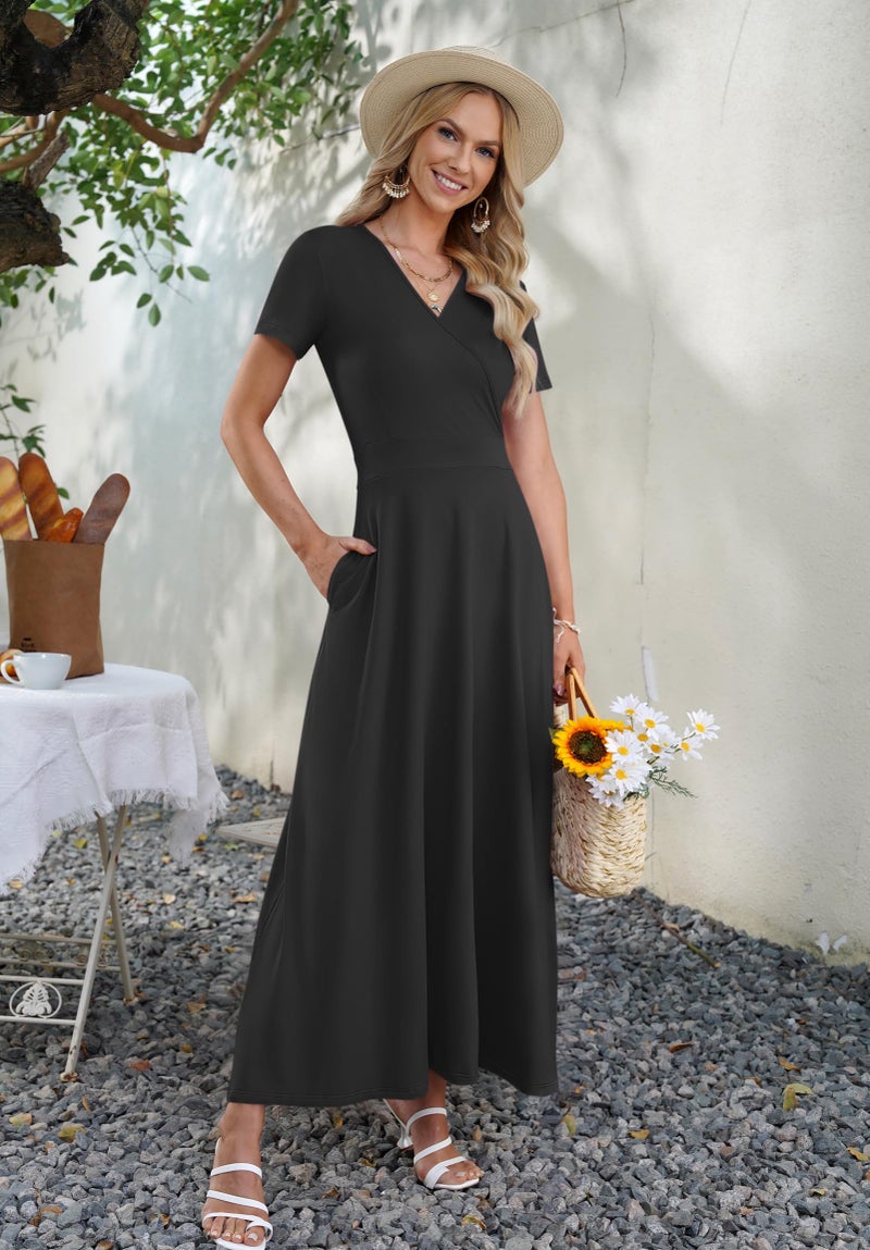 AUSELILY Maxi Dresses for Women Ankle Length Floral Print Beach Long Flowy Dress with Pockets Black 2XL - Image 4