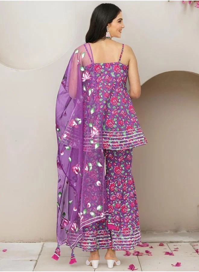 ISHIN Palazzo Women Lilac Cotton Kurta Set with Embroidered pattern Tunic and Palazzo features a Round neckline and Three-Fourth Sleeve secured with Elastic closure and styled in Straight Fit ideal for Festive moments — designed to make heads turn.