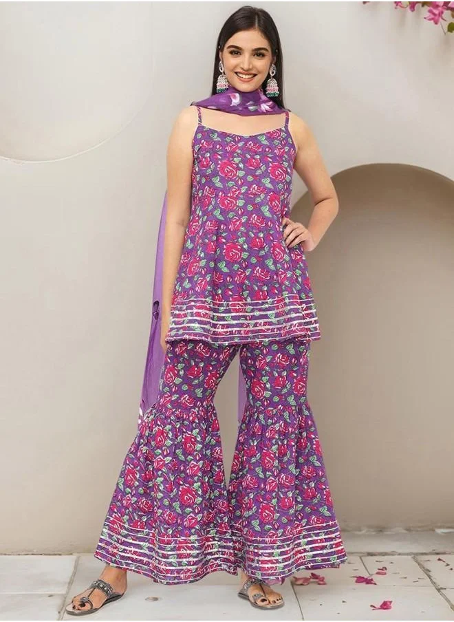 ISHIN Palazzo Women Lilac Cotton Kurta Set with Embroidered pattern Tunic and Palazzo features a Round neckline and Three-Fourth Sleeve secured with Elastic closure and styled in Straight Fit ideal for Festive moments — designed to make heads turn.