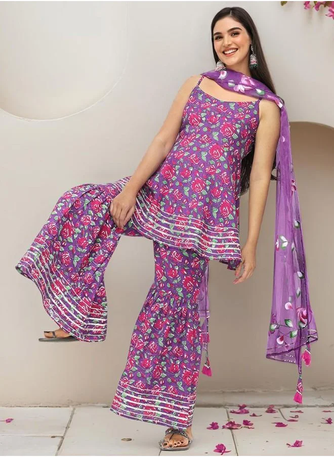 ISHIN Palazzo Women Lilac Cotton Kurta Set with Embroidered pattern Tunic and Palazzo features a Round neckline and Three-Fourth Sleeve secured with Elastic closure and styled in Straight Fit ideal for Festive moments — designed to make heads turn.