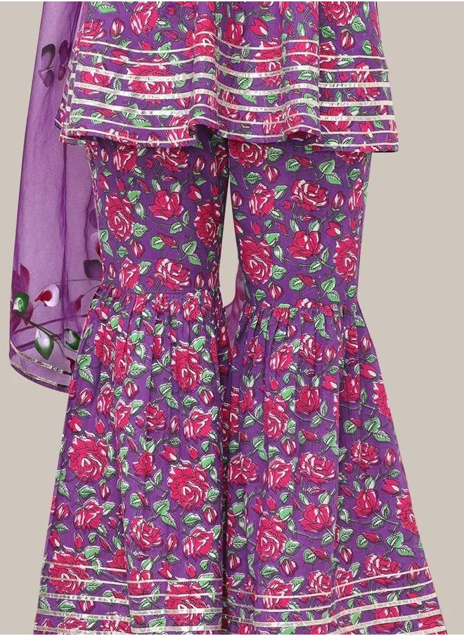 ISHIN Palazzo Women Lilac Cotton Kurta Set with Embroidered pattern Tunic and Palazzo features a Round neckline and Three-Fourth Sleeve secured with Elastic closure and styled in Straight Fit ideal for Festive moments — designed to make heads turn.