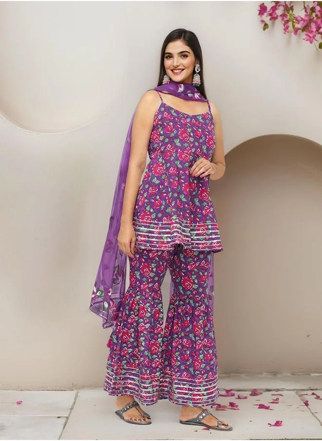 ISHIN Palazzo Women Lilac Cotton Kurta Set with Embroidered pattern Tunic and Palazzo features a Round neckline and Three-Fourth Sleeve secured with Elastic closure and styled in Straight Fit ideal for Festive moments — designed to make heads turn.