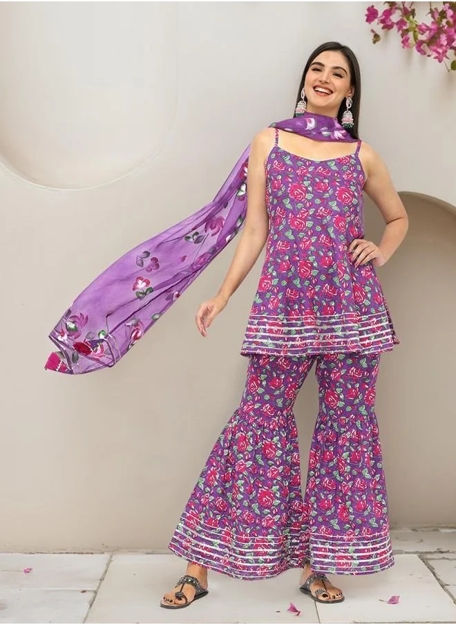 ISHIN Palazzo Women Lilac Cotton Kurta Set with Embroidered pattern Tunic and Palazzo features a Round neckline and Three-Fourth Sleeve secured with Elastic closure and styled in Straight Fit ideal for Festive moments — designed to make heads turn.