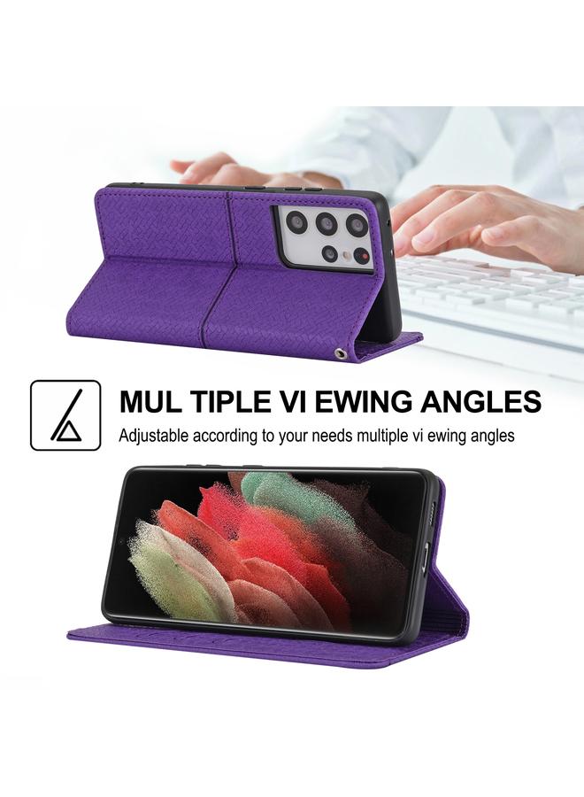 اس-توب جراب لهاتف Samsung Galaxy S21 Ultra 5G، جراب من جلد البولي يوريثان مع حامل وفتحات للبطاقات ومحفظة وحبل تثبيت، مع خياطة منسوجة مغناطيسية أفقية. - Image 5