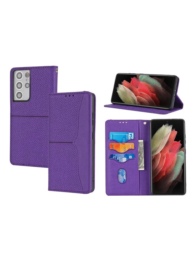 اس-توب جراب لهاتف Samsung Galaxy S21 Ultra 5G، جراب من جلد البولي يوريثان مع حامل وفتحات للبطاقات ومحفظة وحبل تثبيت، مع خياطة منسوجة مغناطيسية أفقية. - Image 1