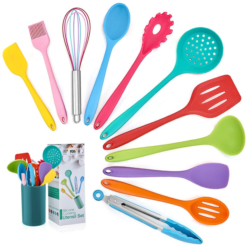 Kitchen Utensil Set Homikit 12 Piece Cooking Utensils Silicone Kitchen Utensils Set with Holder Heat Resistant Kitchen Tools Include Spoons Turner Spatula Tong for NonStick Cookware Multicolor