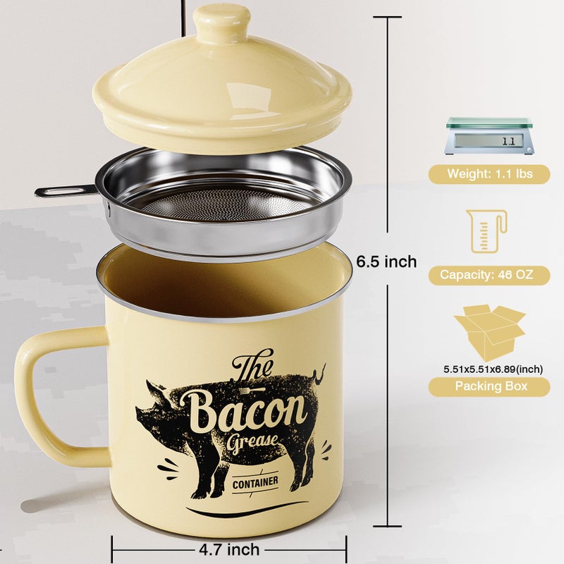 PGYARD Bacon Grease Container With Strainer, 46OZ Large Enamel Grease Container, With Silicone Spatula, Farmhouse Bacon Grease Keeper, Cooking Oil Container For Kitchen Fat Storage, Dishwasher Safe-Beige - Image 2
