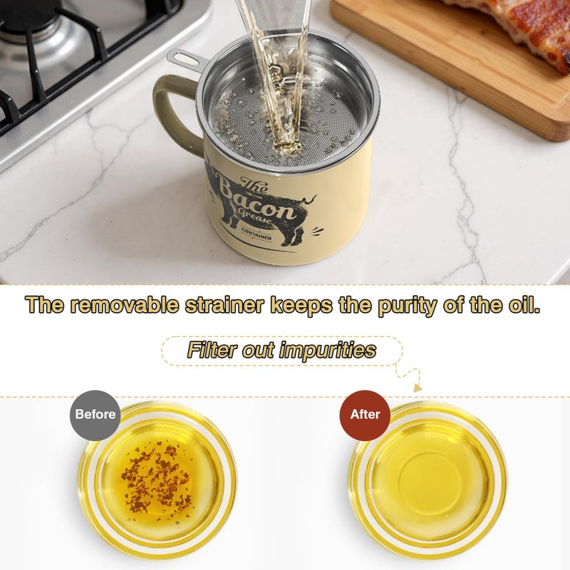 PGYARD Bacon Grease Container With Strainer, 46OZ Large Enamel Grease Container, With Silicone Spatula, Farmhouse Bacon Grease Keeper, Cooking Oil Container For Kitchen Fat Storage, Dishwasher Safe-Beige - Image 3
