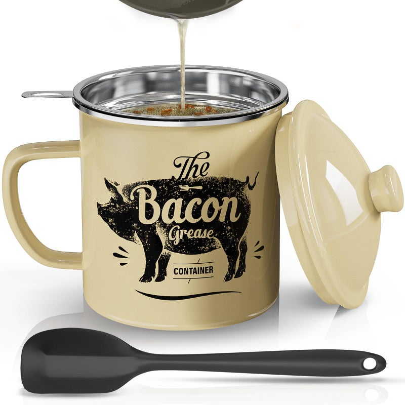 PGYARD Bacon Grease Container With Strainer, 46OZ Large Enamel Grease Container, With Silicone Spatula, Farmhouse Bacon Grease Keeper, Cooking Oil Container For Kitchen Fat Storage, Dishwasher Safe-Beige - Image 1