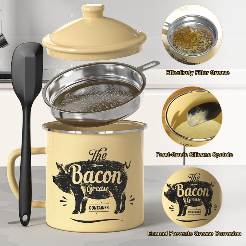 PGYARD Bacon Grease Container With Strainer, 46OZ Large Enamel Grease Container, With Silicone Spatula, Farmhouse Bacon Grease Keeper, Cooking Oil Container For Kitchen Fat Storage, Dishwasher Safe-Beige - Image 4