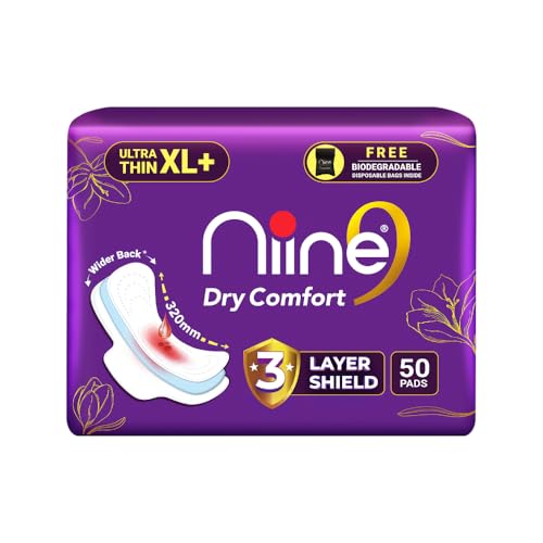 NIINE Dry Comfort Ultra Thin XL+ Sanitary Napkins for Heavy Flow (Pack of 1)50 Pads|320mm Long| Suitable for Heavy Flow|Faster Absorption |Prevents Wetness & Leakage Free Biodegradable disposable bags - Image 1