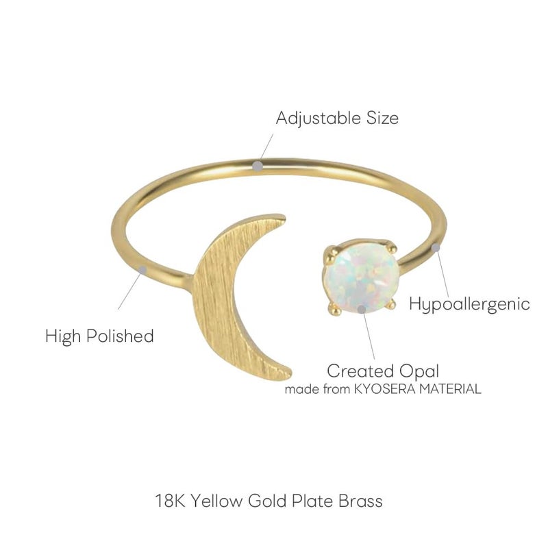 MUSTHAVE Adjustable 18K Gold Plated Ring, Moon Opal, Created Opal, Round, Prong, Glossy Finish - Image 3