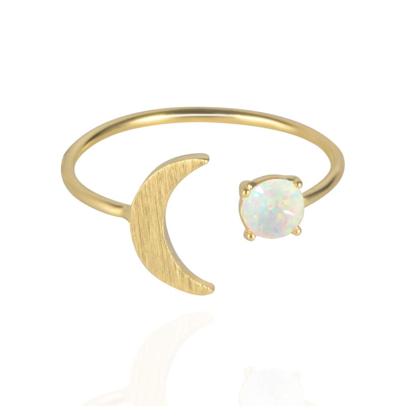 MUSTHAVE Adjustable 18K Gold Plated Ring, Moon Opal, Created Opal, Round, Prong, Glossy Finish - Image 1