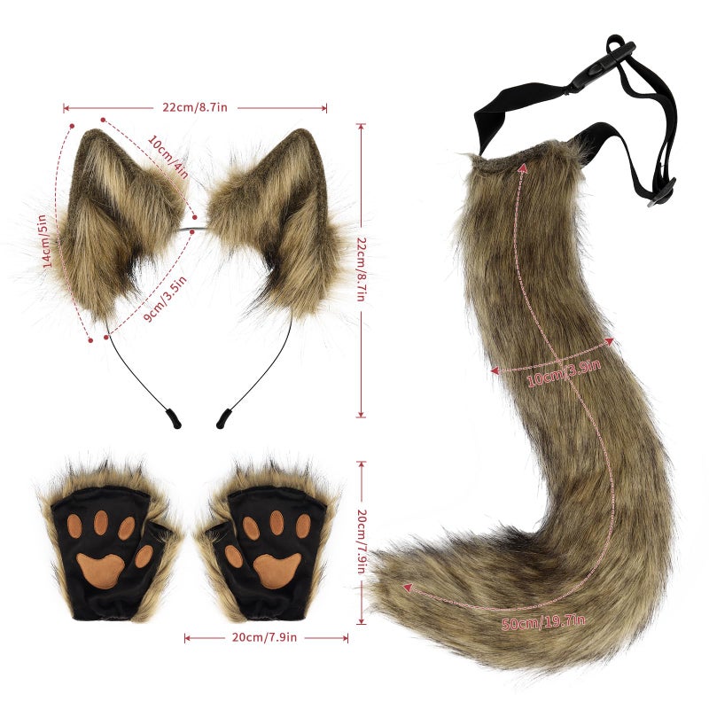 HAOAN Faux Fur Wolf Ears Headband Fox Tail and Paw Gloves Set Cosplay Halloween Costume Accessories - Image 2