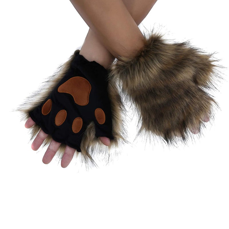 HAOAN Faux Fur Wolf Ears Headband Fox Tail and Paw Gloves Set Cosplay Halloween Costume Accessories - Image 3