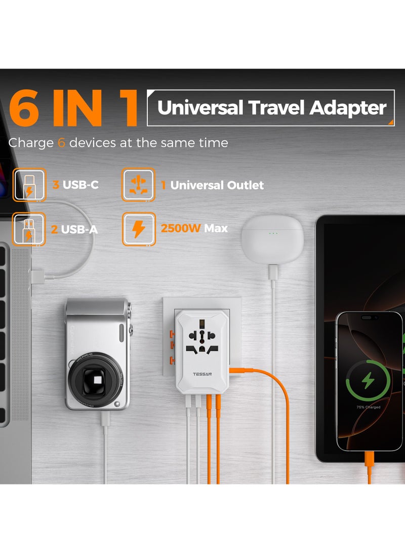 TESSAN Universal Travel Adapter, International Power Adapter with 5 USB Ports (3 USB C), Worldwide Plug Adaptor Wall Charger TESSAN 6 in 1 Universal Plug Adapter, Charging Station For US to Europe UK France Germany Spain Ireland Australia Japan (Type C G A I) For Home, Offices & School Supplies White - Image 2