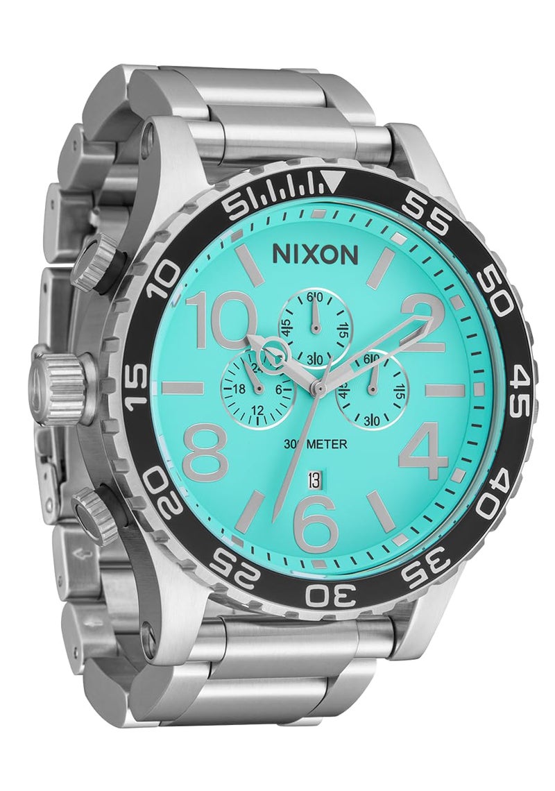 NIXON 51-30 Chrono A1389-300m Water Resistant Men's Analog Fashion Watch (51mm Watch Face, 25mm Stainless Steel Band) - Silver/Turquoise - Image 1