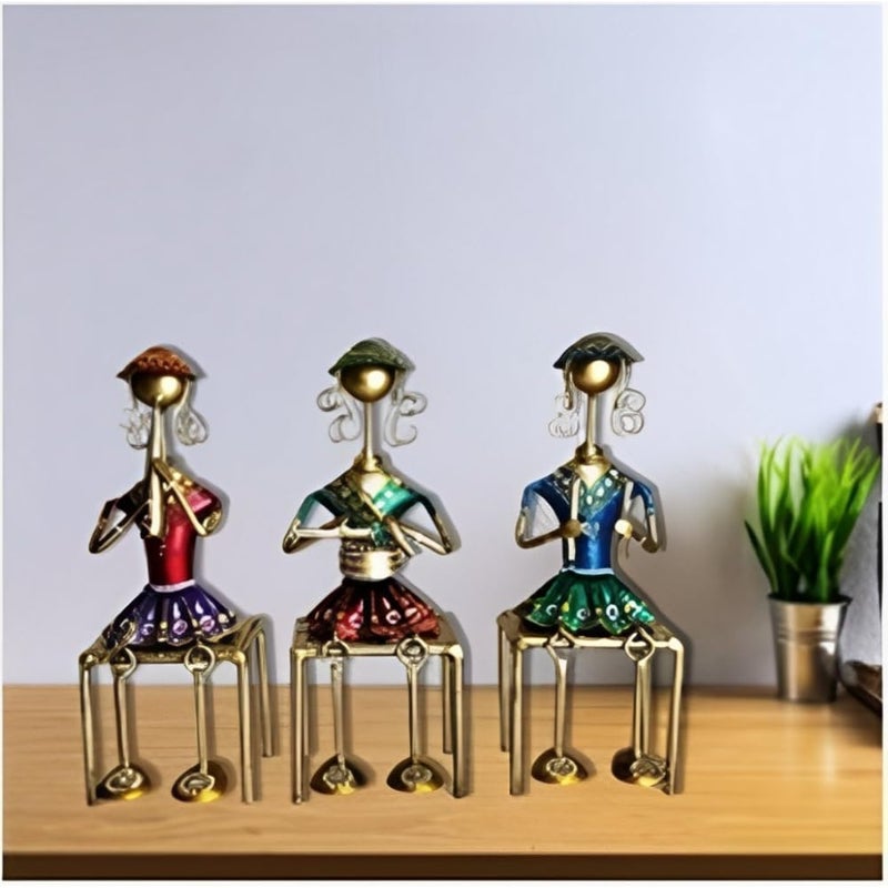 RHEA STORE Iron Tribal Musician Sitting Doll Showpiece Figurines for Living Room Bedroom Office and Study Table Showpiece for Table Decoration Set of 3 Multicolour