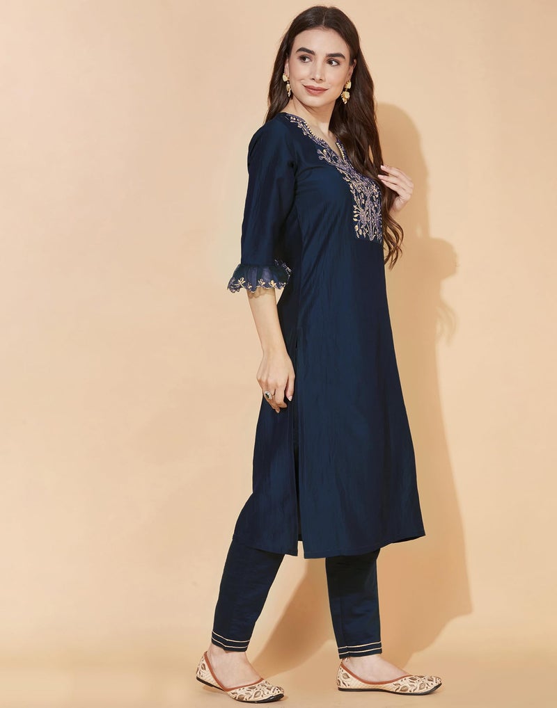 SIRIL Women's Rayon Embroidery Straight Kurta Pant with Dupatta Set (38KBD478-XL_Navy Blue) - Image 3