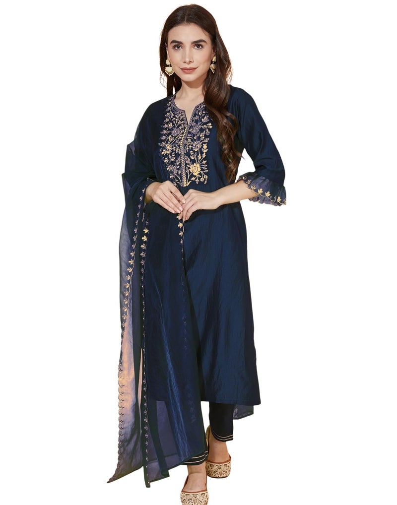 SIRIL Women's Rayon Embroidery Straight Kurta Pant with Dupatta Set (38KBD478-XL_Navy Blue) - Image 1