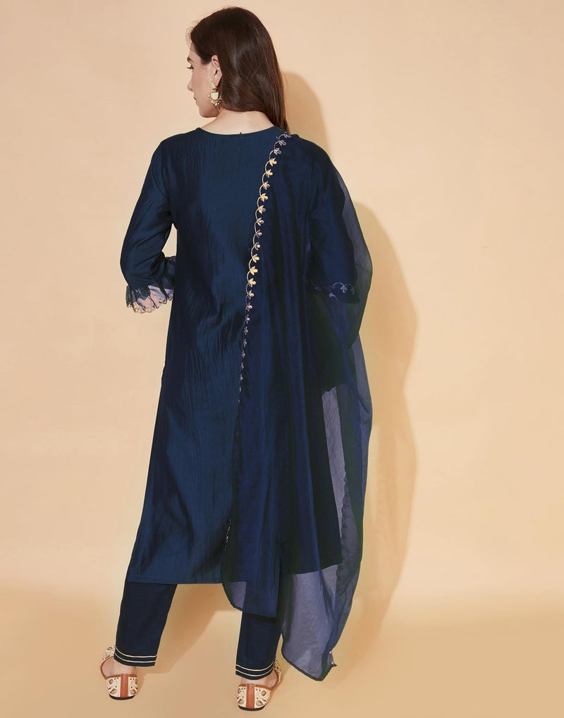 SIRIL Women's Rayon Embroidery Straight Kurta Pant with Dupatta Set (38KBD478-XL_Navy Blue) - Image 2