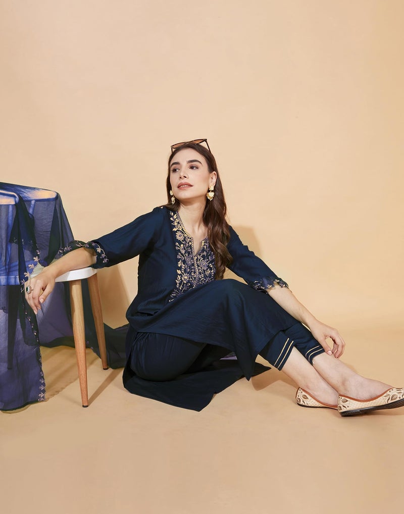 SIRIL Women's Rayon Embroidery Straight Kurta Pant with Dupatta Set (38KBD478-XL_Navy Blue) - Image 4