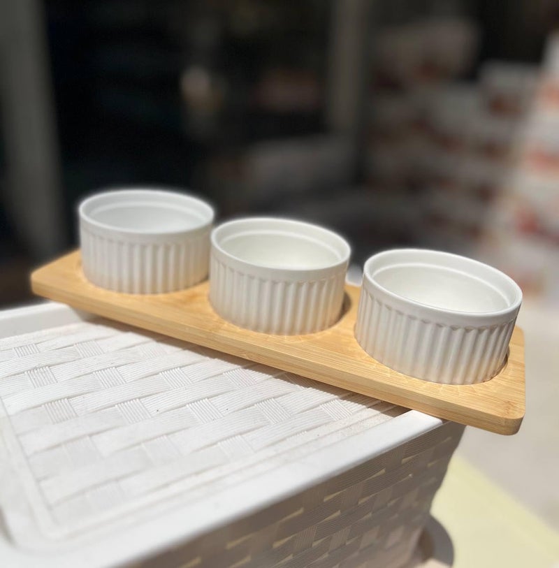 Generic Porcelain Ramekin Bowls Set with Bamboo Serving Tray, Microwave and Oven Safe, White, 3-Piece .ze - Image 1