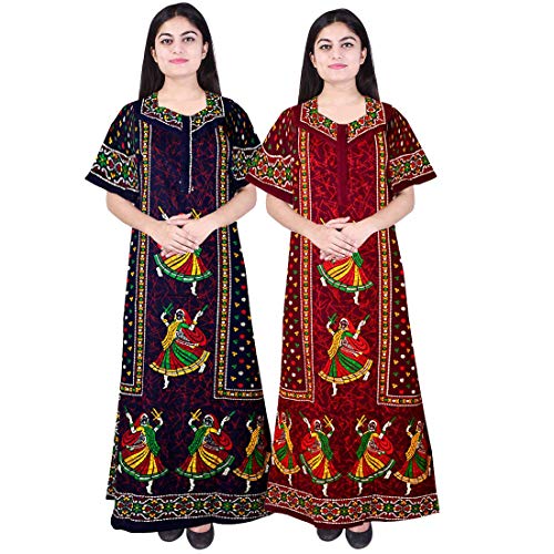 KBNBJ Nighty for Women Cotton Printed Maxi Gown Ankle Length Nighty Night Dress Gown for Women Maxi - Free Size (Pack of 2) (Free Size, Blue &Brown) - Image 1