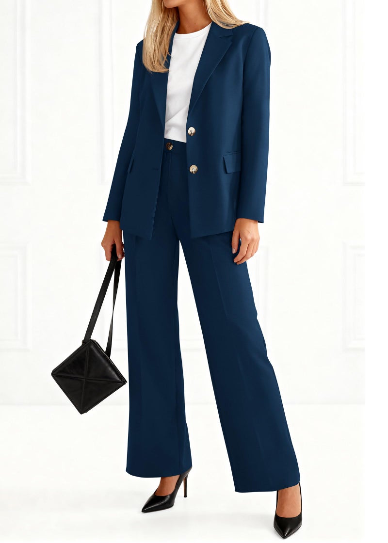 KIRUNDO Womens Suits 2 Piece Set Business Casual Blazer Jacket Wide Leg Dress Pants Suits Professional Work Office Outfits(Navy, Medium) - Image 2