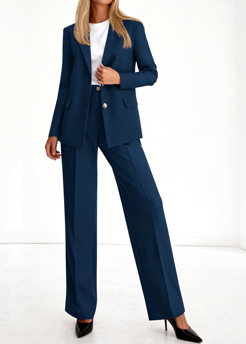 KIRUNDO Womens Suits 2 Piece Set Business Casual Blazer Jacket Wide Leg Dress Pants Suits Professional Work Office Outfits(Navy, Medium) - Image 3
