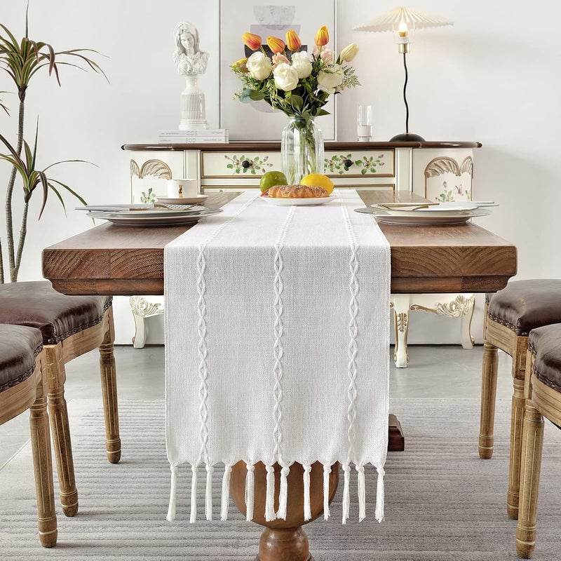 Rustic Linen Table Runner - 72 Inches Long with Hand-Tassels for Dining Room and Party Decor (White, 13"脳72") - Image 5